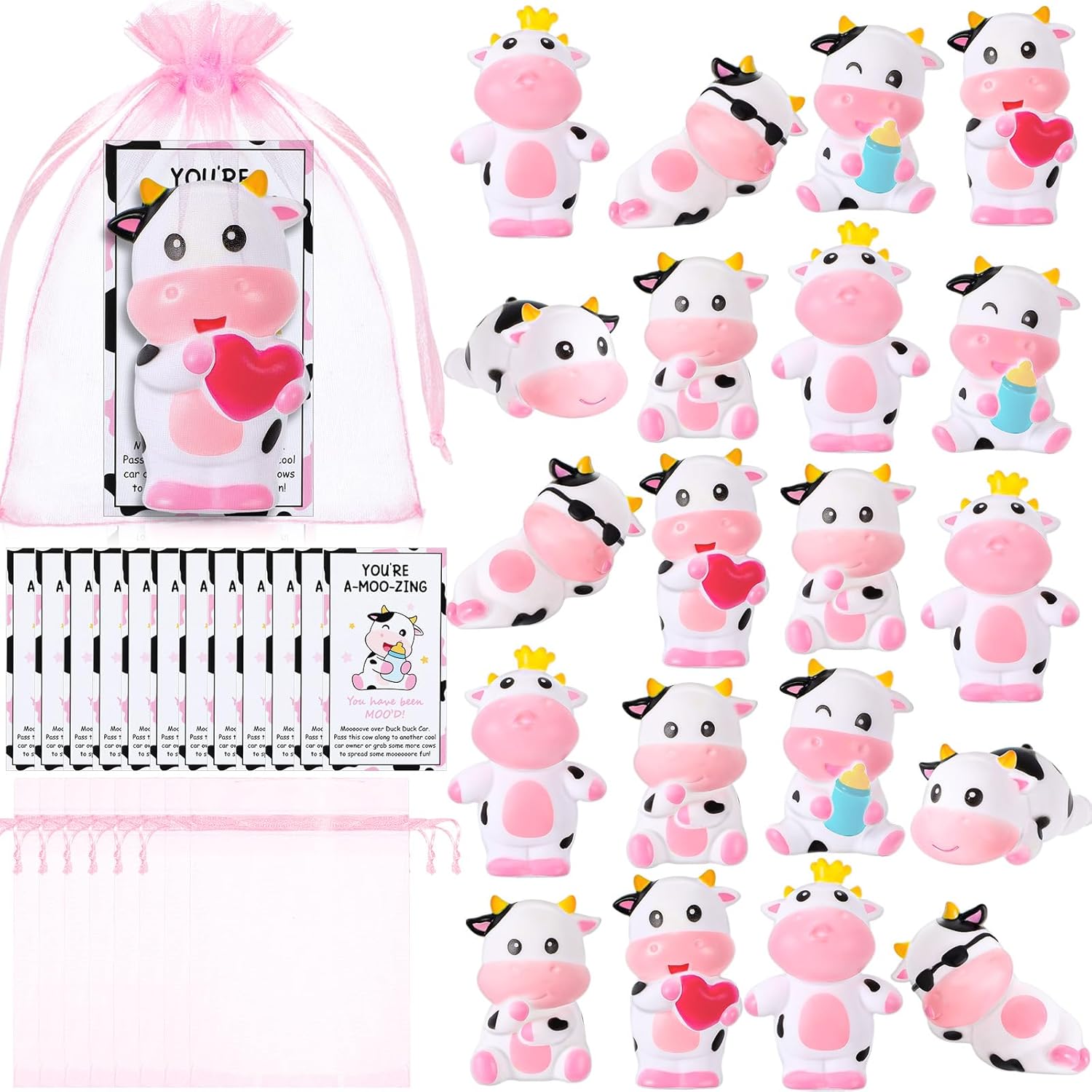 Jenaai 50 Sets Cute Rubber Cow Gifts Set Include Squeak Floating Cows Moo Moo Cards Organza Bags Rubber Animal Figures Bathtub Toy for Employee Baby Shower Bulk