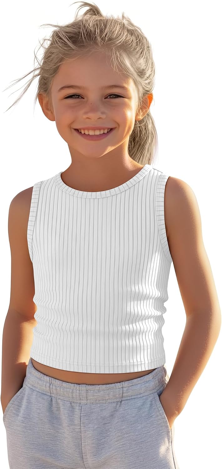 Girls' Tank Tops Ribbed Crew Neck Sleeveless Undershirts Wide Strap Camisole Kids Basic Stretchy Summer Shirts