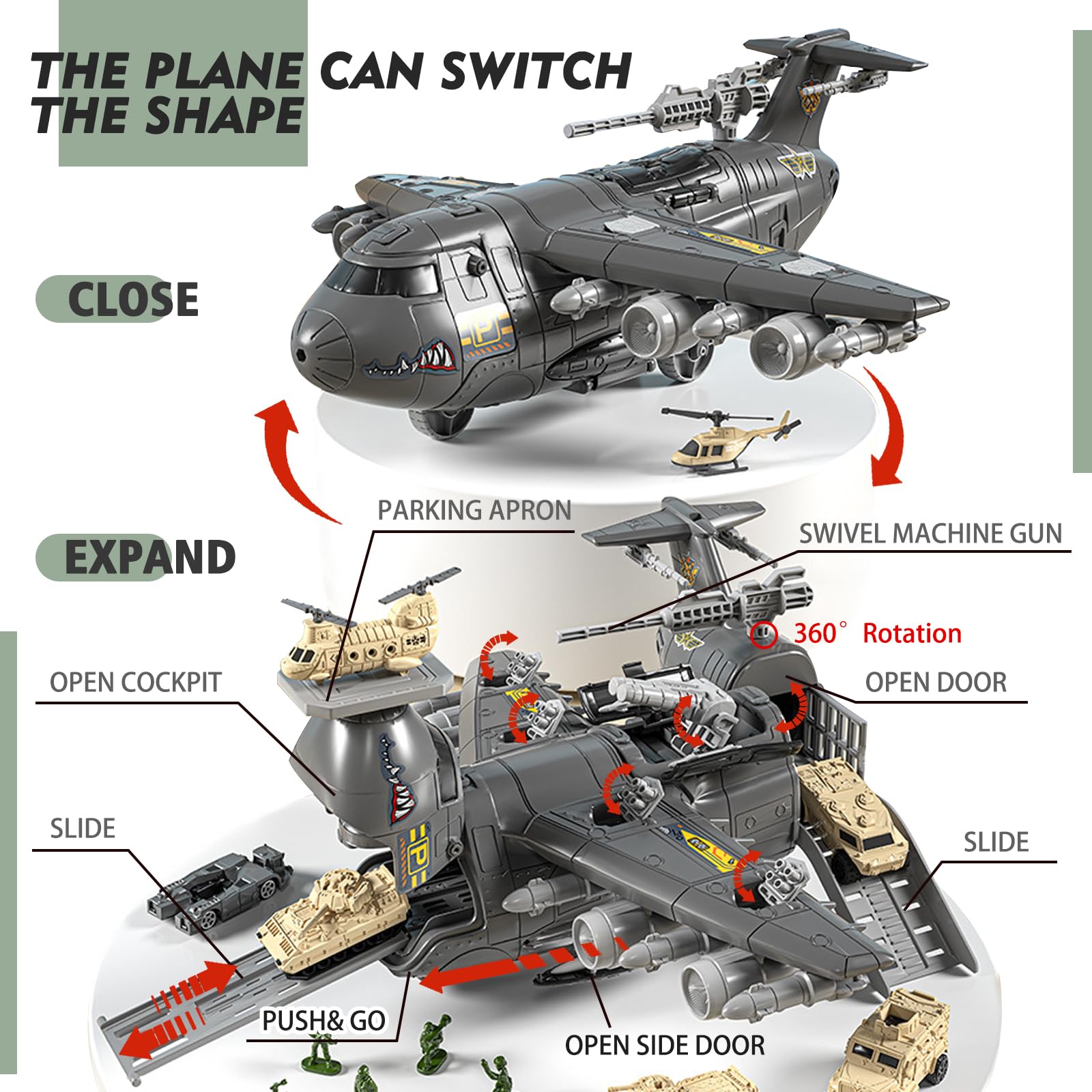 Set di Giocattoli Aereo da Trasporto Cargo Militare, Auto, mini veicolo da combattimento, soldato, elicottero, modello di aereo, Kit giocattolo per veicoli militari, mappa di gioco per bambini età 3+