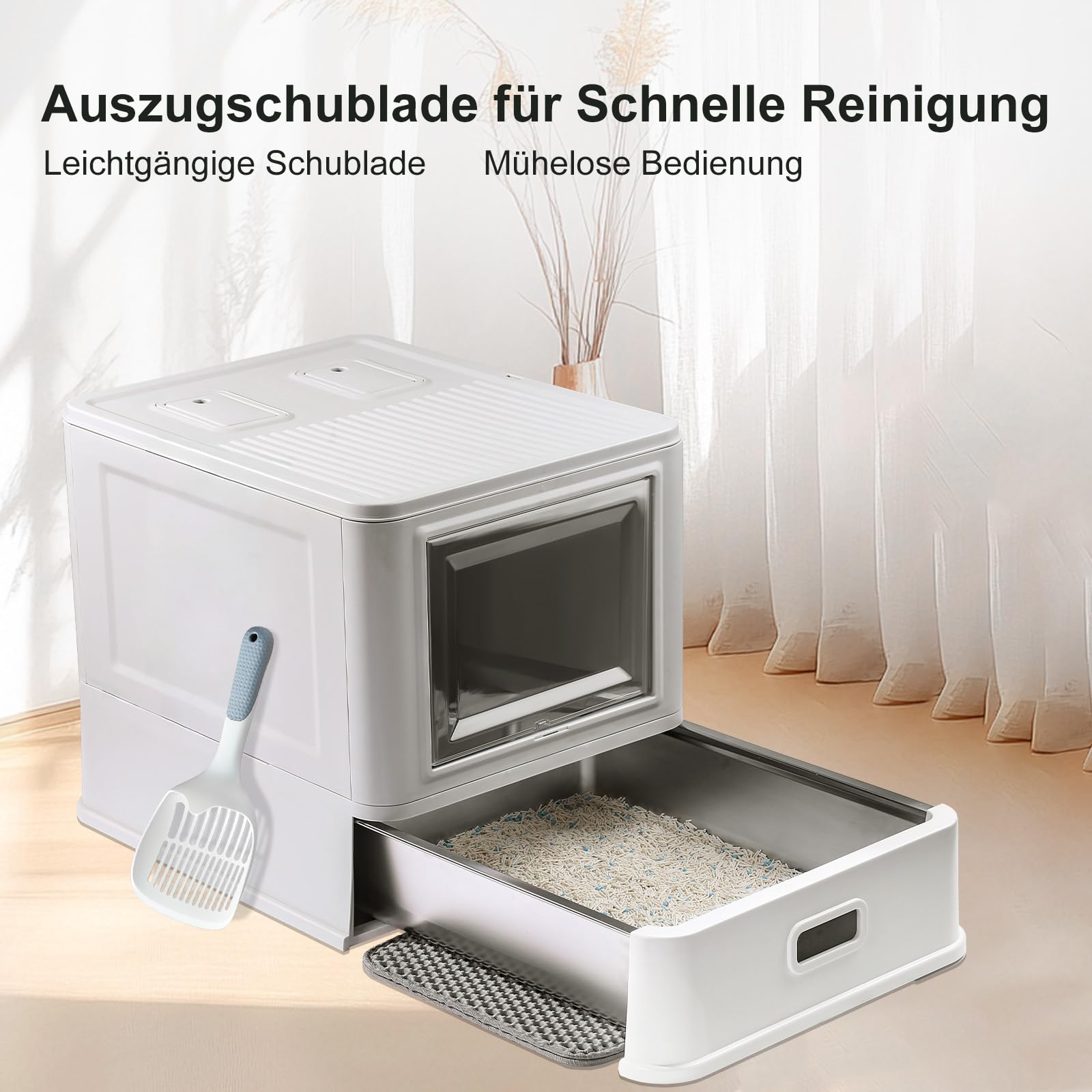 Marchul XL Lettiera per gatti grande, in acciaio inox, con coperchio e cassetto, pareti laterali alte con deflettori antispruzzo, vassoio più profondo con paletta e tappetino, inodore