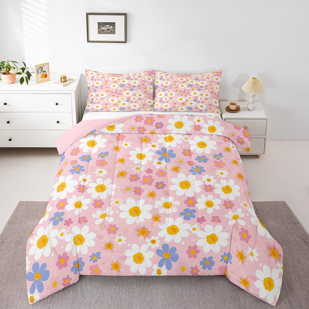 Feelyou Blossom Flowers Bedding Set Twin Size Daisy Comforter Set for Kids Boys Girls Decor Botanical Floral Comforter Microfiber Garden Plants Duvet Set Bedroom Quilt Set