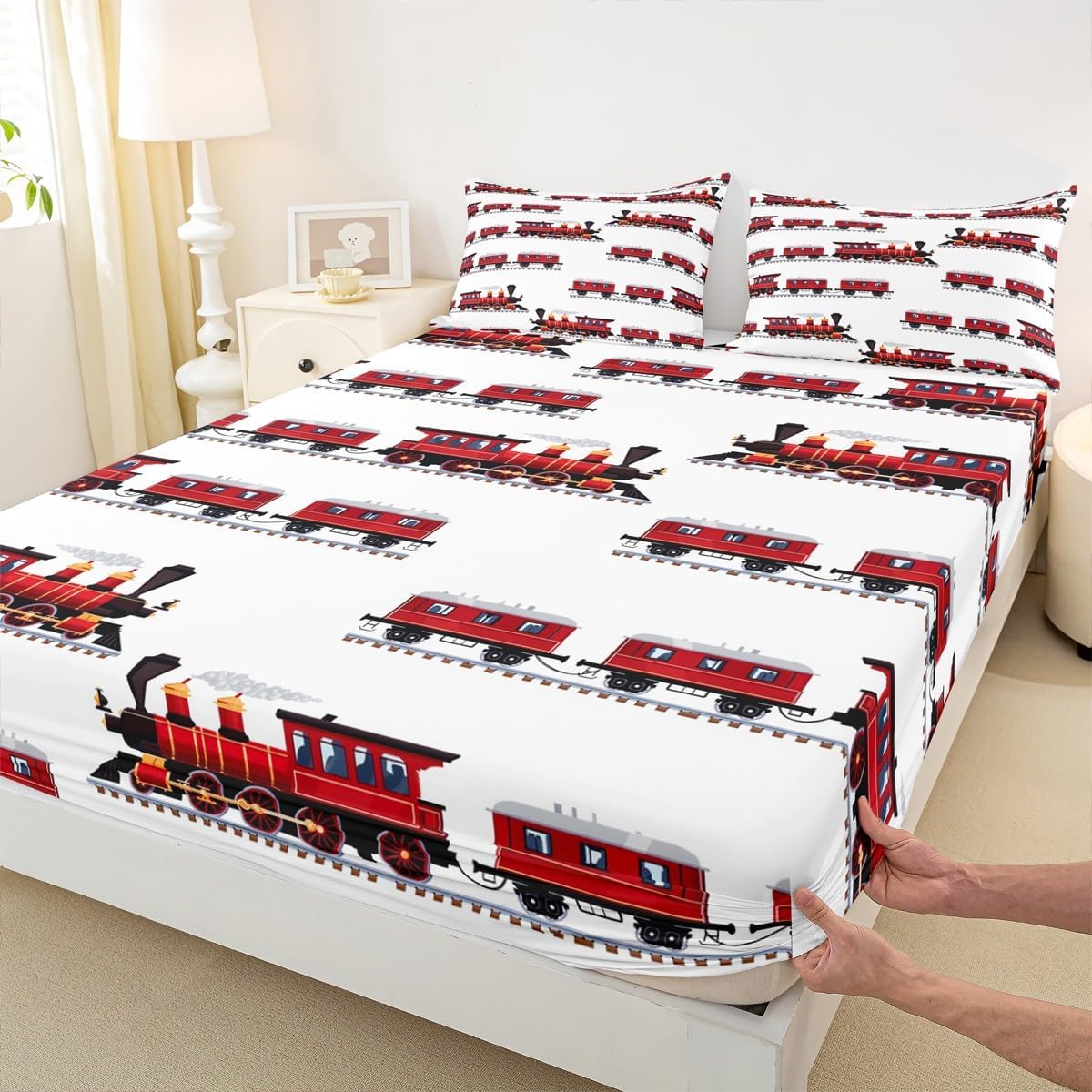 Red Train Fitted Sheets Full Size,Cartoon Choo-Choo Bedding Set 3Pcs Kids Teens Woman Room Decor,Steam Engine Car Bed Sheet Modern White Deep Pocket Sheet,No Flat Sheet