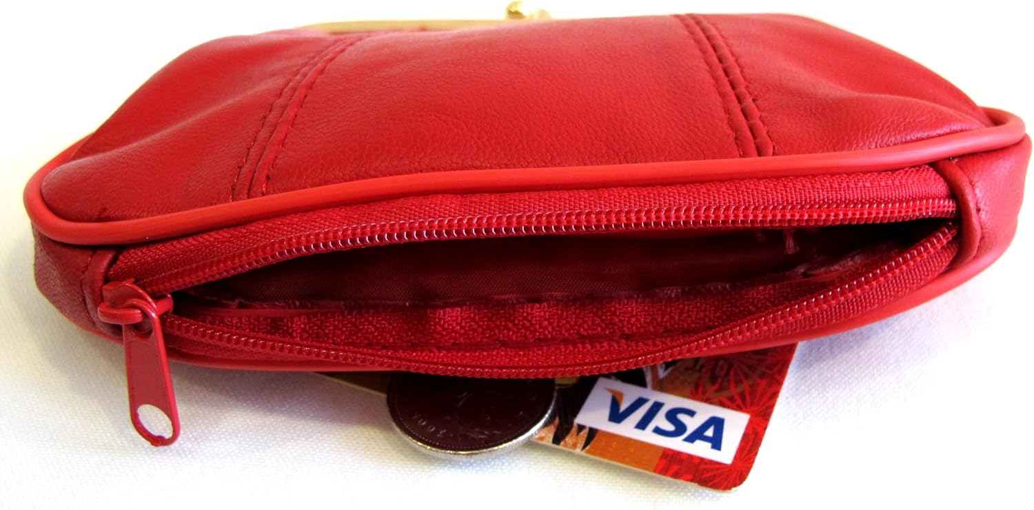 Womens Leather Mini Wallet ID Credit Cards Cash Coin Holder Case Organizer Purse with Framed & Zipper Closures - RED, (COIN03-RED) - Image 3