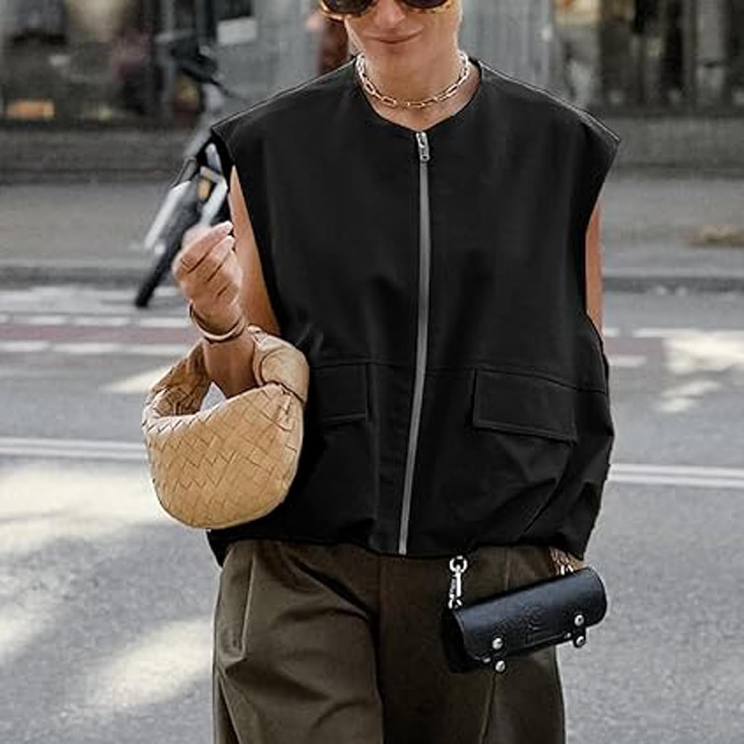Women Cargo Vest Oversize Cropped Sleeveless Jacket Lightweight Ruffle Ruched Fashion Tops Summer Casual Zip Up Outfit - Image 3