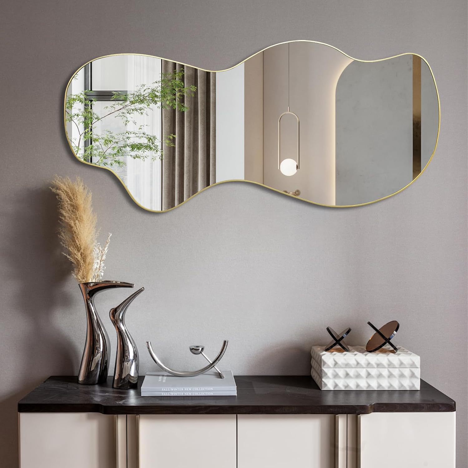 POZINO Gold Irregular Mirror, 40"x18" Asymmetrical Wall Mirrors, Modern Abstract Frameless Mirrors for Living Room Bedroom Bathroom Entryway Hallway Fireplace, Hangs Vertically or Horizontally