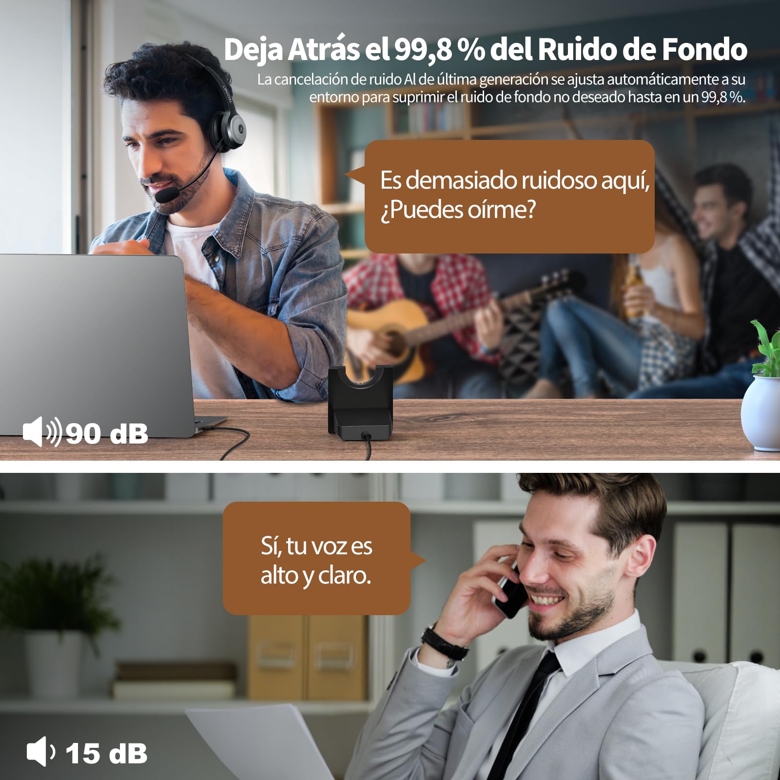 TECKNET Auricular Bluetooth con Estación de Carga, Auriculares Inalámbricos con Micrófonos PC, Cancelación de Ruido Sonido Estéreo Claro Compartible Skype,Centros de Llamadas,Cursos Online