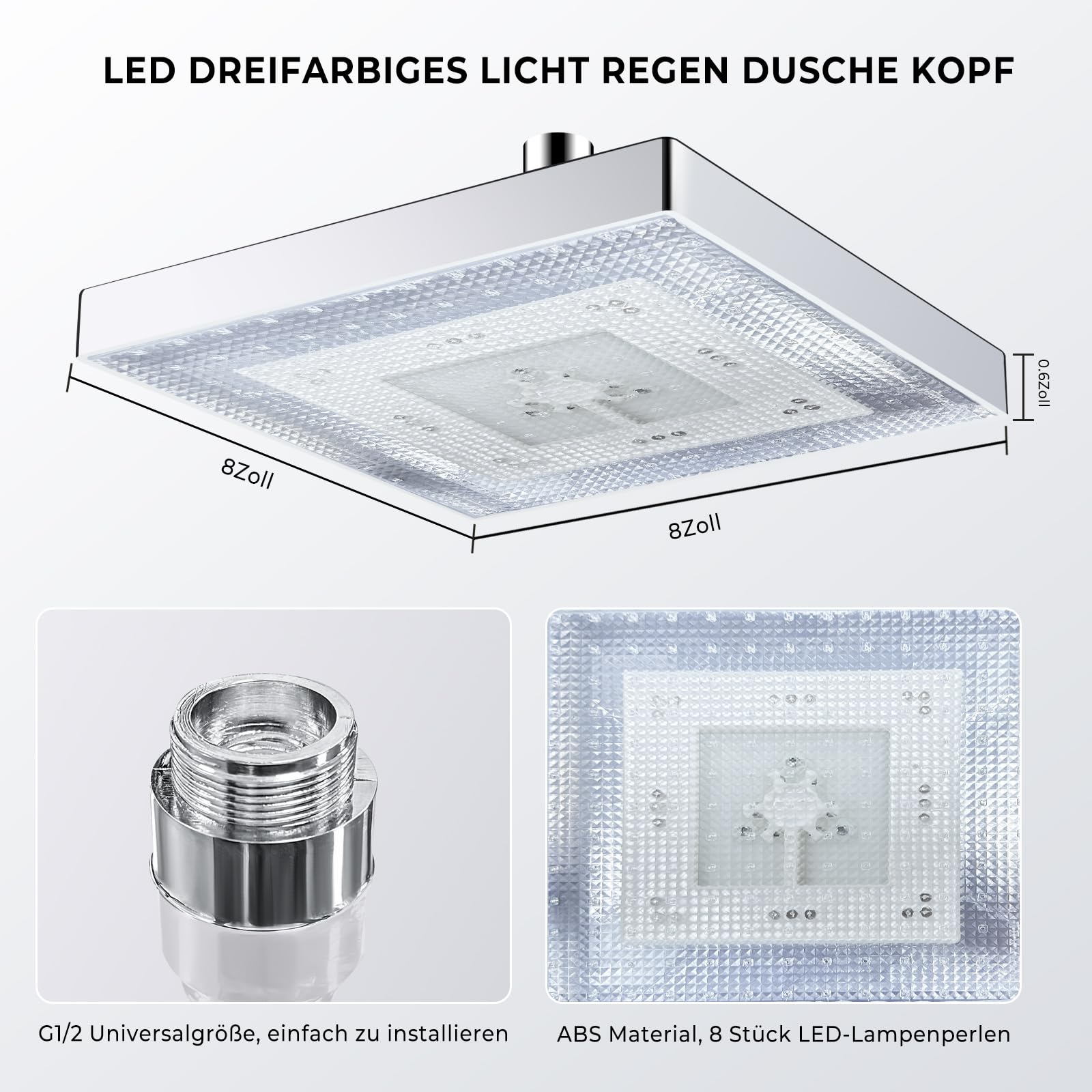 Pilipane LED Duschkopf Mit Temperaturanzeige – 3 Einstellungen, Wandmontiert/handgehalten, Weiches Wasser (Weiß)
