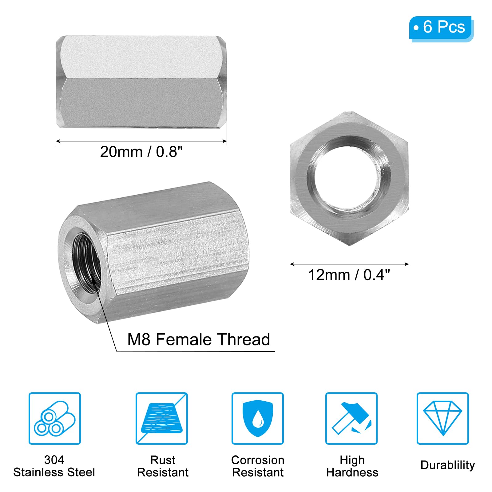 PATIKIL M8 x 1-Pitch 304 Stainless Steel Hex Coupling Nuts, 6Pcs 20mm/ 0.8" Length Fully Threaded Rod Coupling Nut Studding Connector Fasteners, Silver Tone - Image 2