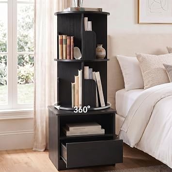 39" Tall Nightstand w/Drawer, Black Night Stand w/2 Tier Rotating Bookshelf