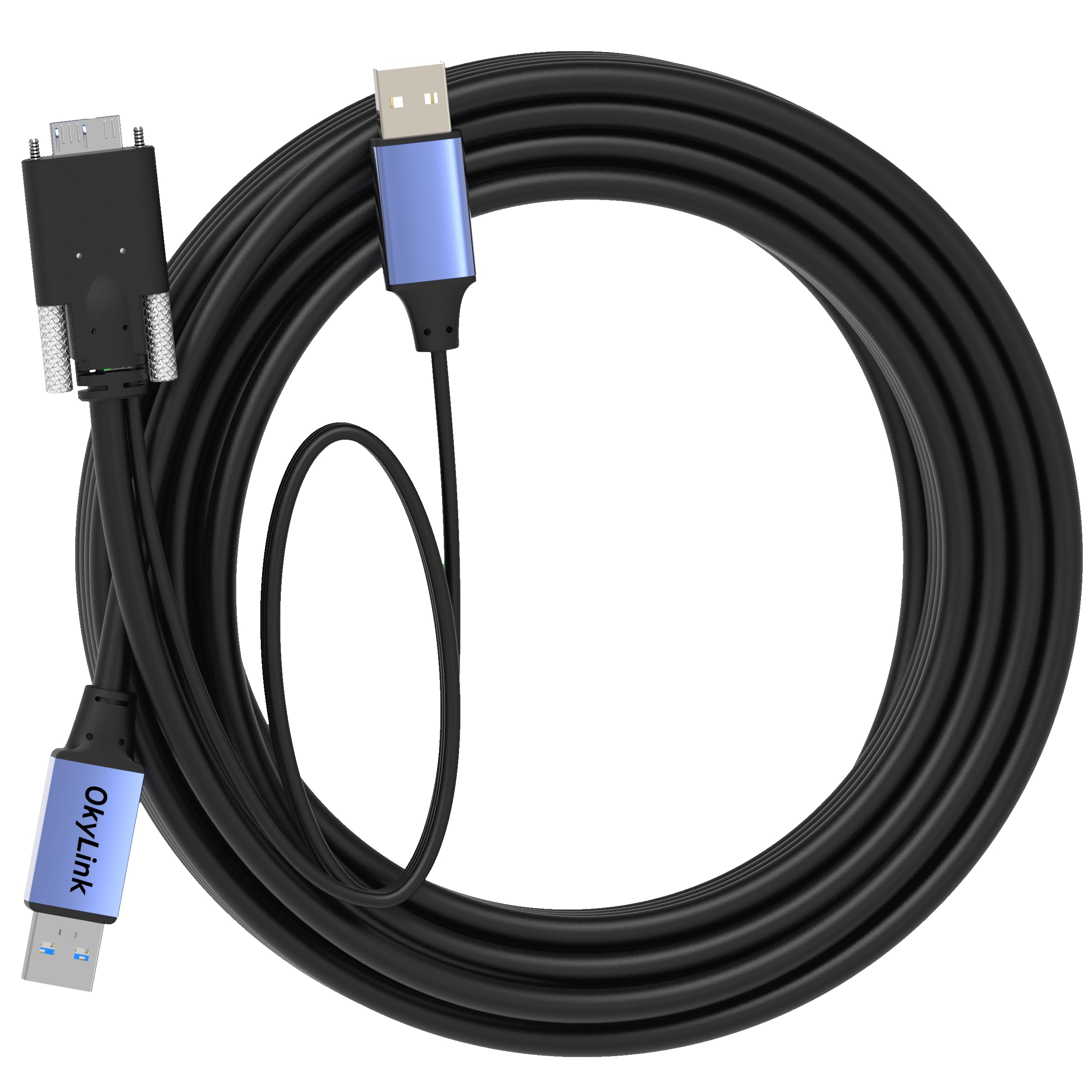 OkyLink Aktywny kabel USB 3.0 do Micro-B z blokadą śrubową - 5 Gbps A męski na Micro-B męski, jakość przemysłowa z wbudowanym kablem zasilającym 10 m