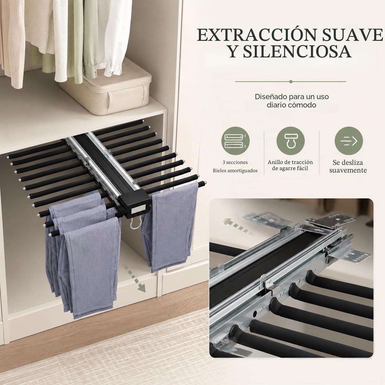 Perchero para pantalones deslizante de 22 barras extensible antideslizante, colgadores para pantalones, vestidor que ahorra espacio, para armario, lavandería, zona de almacenamiento (Negro)