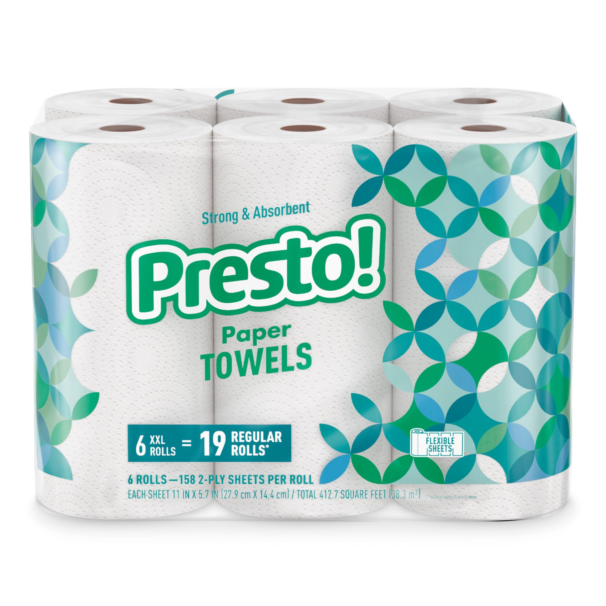Amazon Brand - Presto! Flex-a-Size Paper Towels, 158 Sheet Huge roll, 6 Rolls, Equivalent to 19 Regular Rolls, White