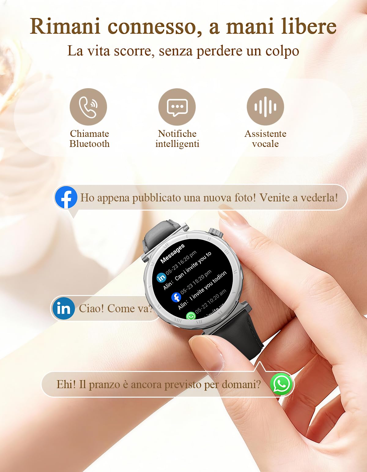 Smartwatch Donna - Elegante in Piccolo con Display AMOLED 1,19" Cinturino in Pelle Sottile, Orologio Fitness con Contapassi, Cardiofrequenzimetro/SpO2/Sonno per iOS/Android, Argento/Nero