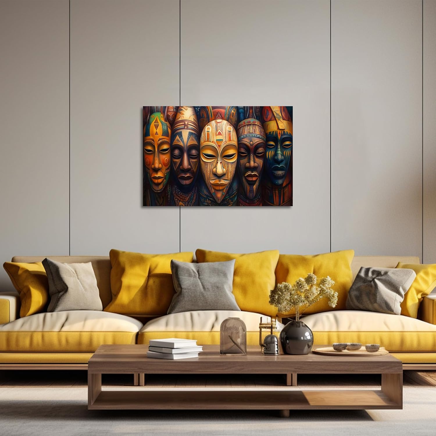 XLMDYYSW African Mask Canvas Wall Art Vintage Tribal Ethnic Mask Picture Prints Abstract Ancient African Culture Painting for Bedroom Living Room Decor Framed (Brown, 12.00" x 18.00")