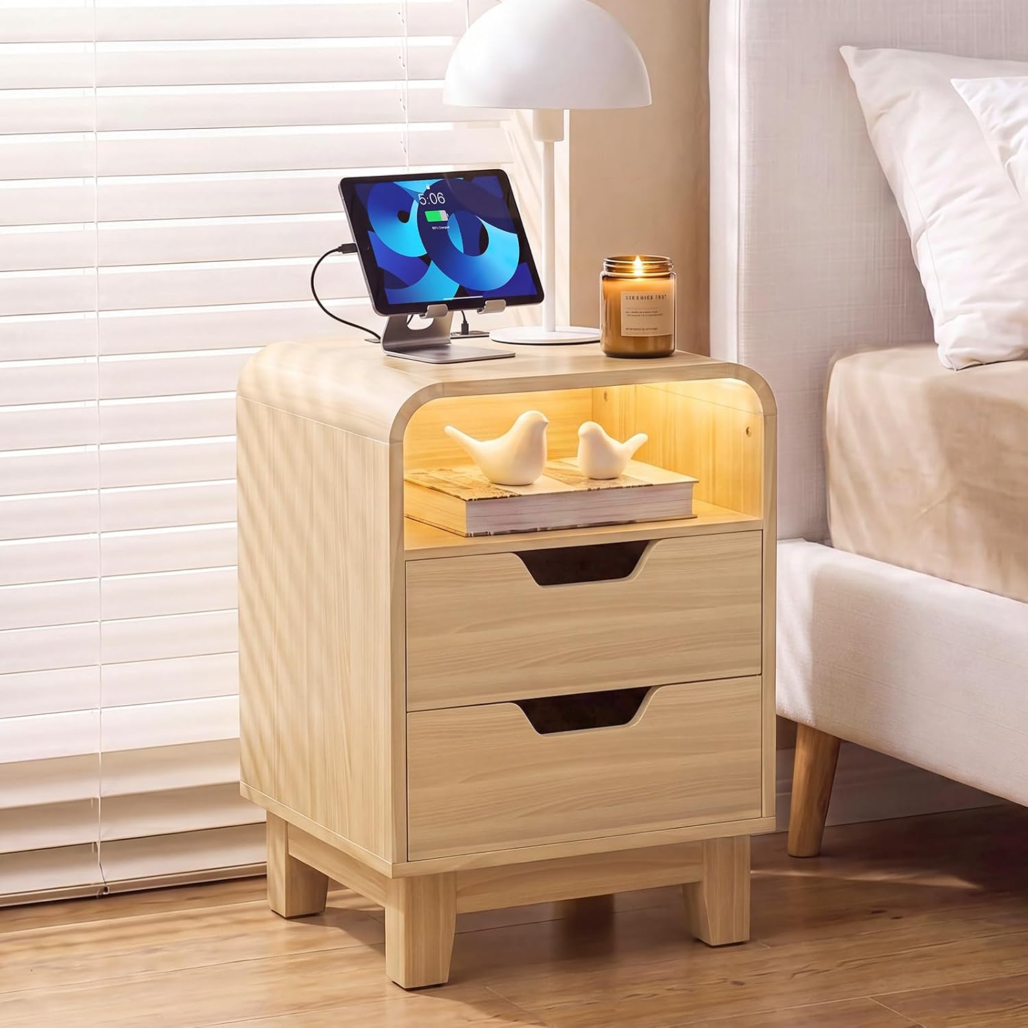 Nightstand with Charging Station, Modern Night Stand with LED Light, 15.7" Wide Wood Bed Side Table Bedroom, Small Bedside Table, Curved End Table with 2 Drawers| Natural Wood, 1 Pack