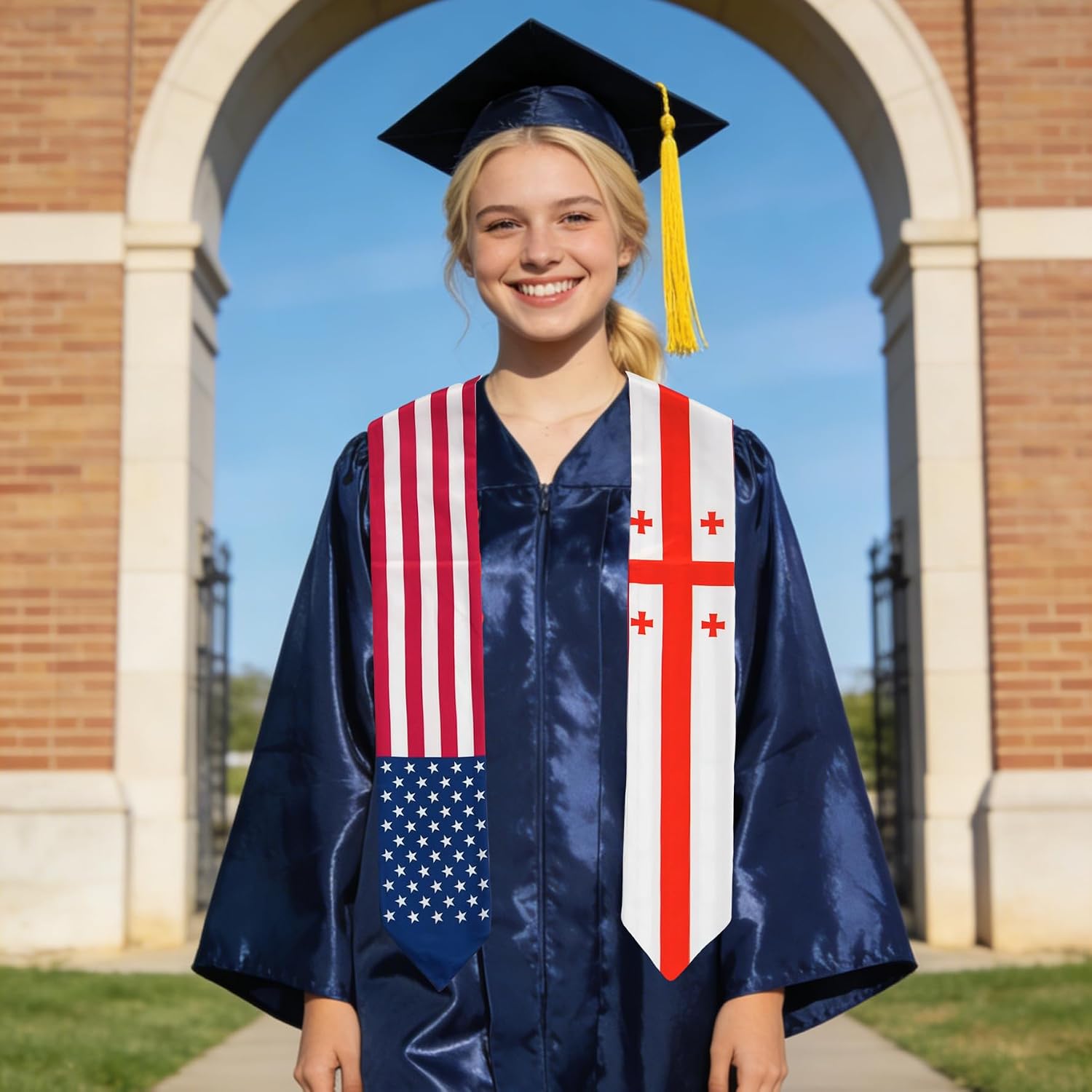 USA And Georgia Flag Graduation Stole,Satin Embroidery Graduation Sash for International Students,72 Inch Length.
