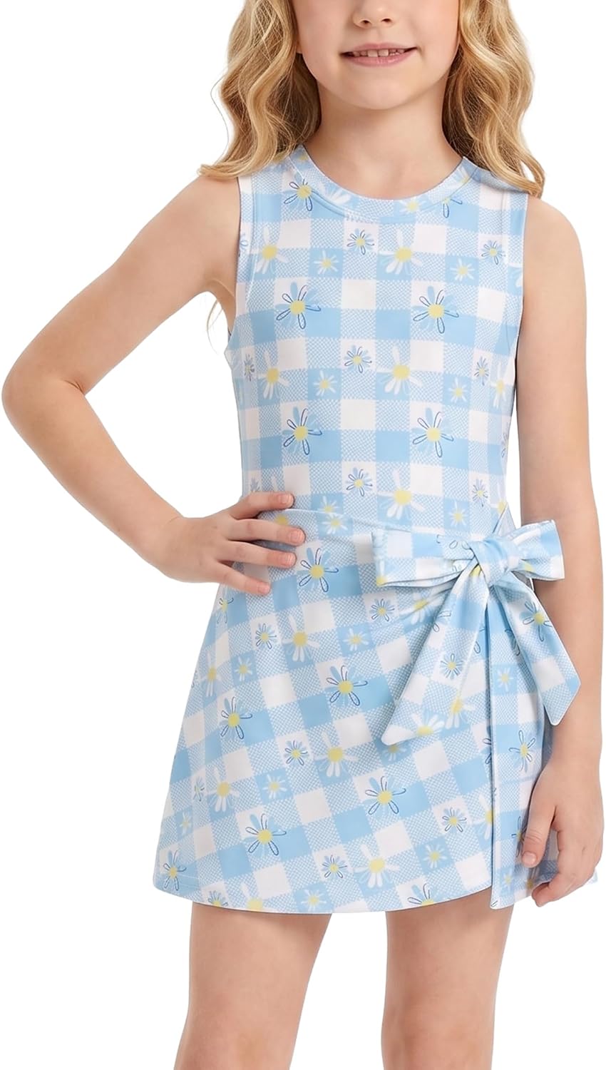 ODOLDI Girls Tennis Dress with One-Piece Built-in Shorts, Sleeveless Quick-Dry Golf Athletic Wear