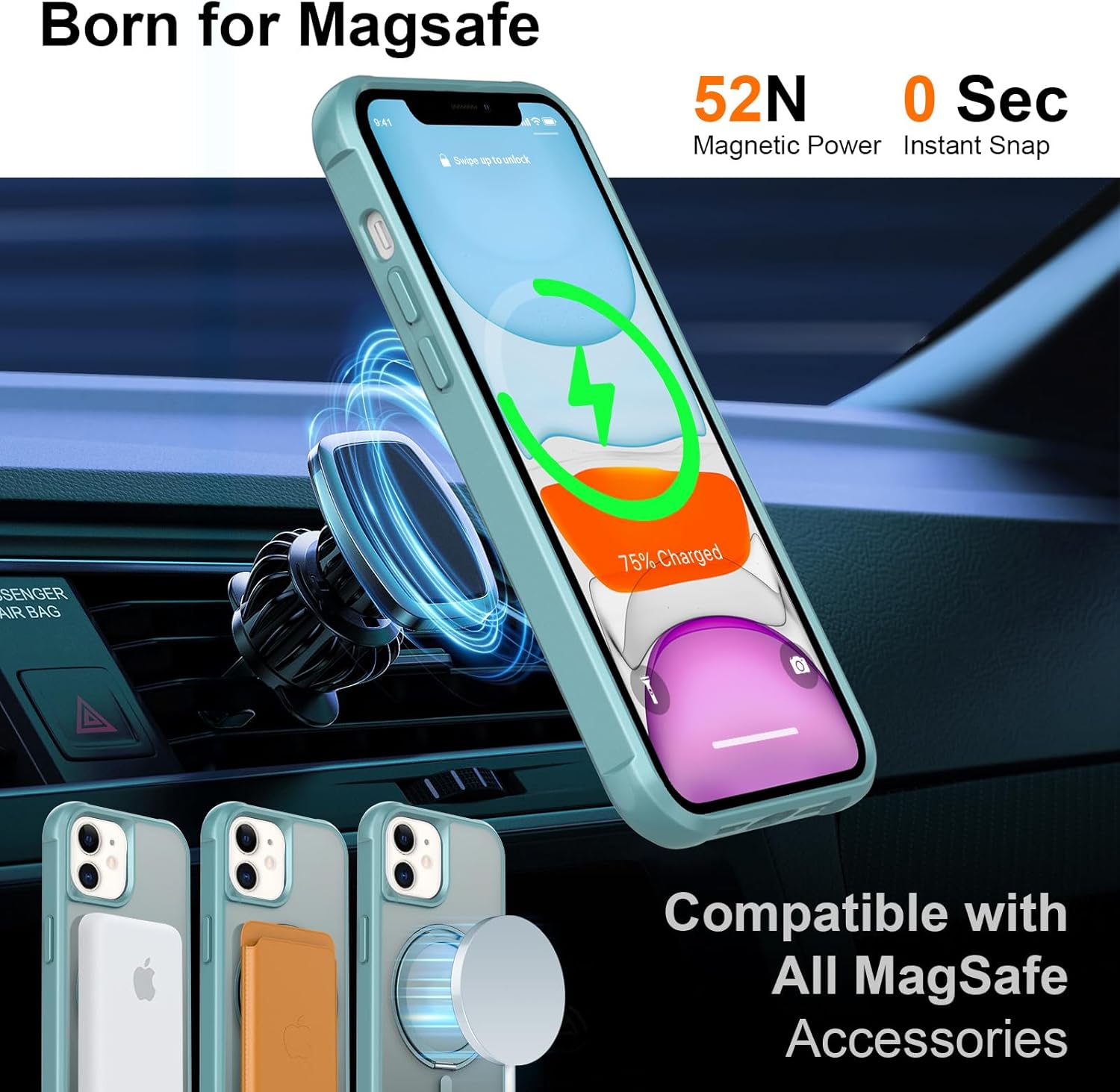 UMIONE 360° Rotatable Magnetic Ring Design for iPhone 11 Case, Built-in Invisible Loop Stand, Compatible with Magsafe, Translucent Ultra Slim Military Grade Shockproof Case - Green