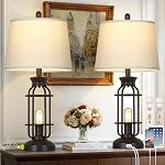 28" Lampes de table vintage avec USB Ports C+A & AC Ensemble de lampes de table de ferme industrielle 2, Black Modern Nightstand à côté des lampes avec 2 Lumière de nuit pour chambre à coucher(4 LED Ampoules comprises)