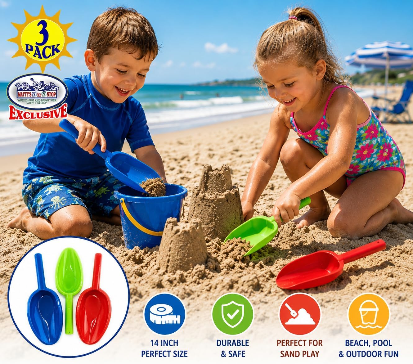 Matty's Toy Stop Kids Sand Shovels for Beach & Sandbox – 3 Pack 14" Long Handle Plastic Sand Scoops, Red Blue Green, Outdoor Beach Toys for Boys & Girls image 2