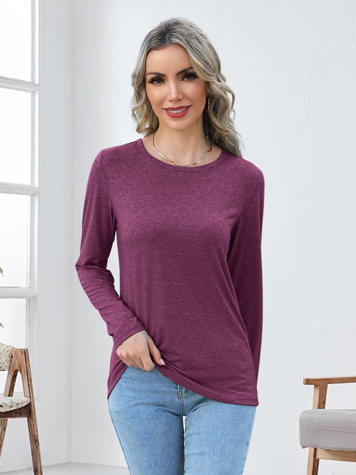 Camisetas de manga larga para mujer, con cuello redondo, básicas, camisetas casuales de primavera