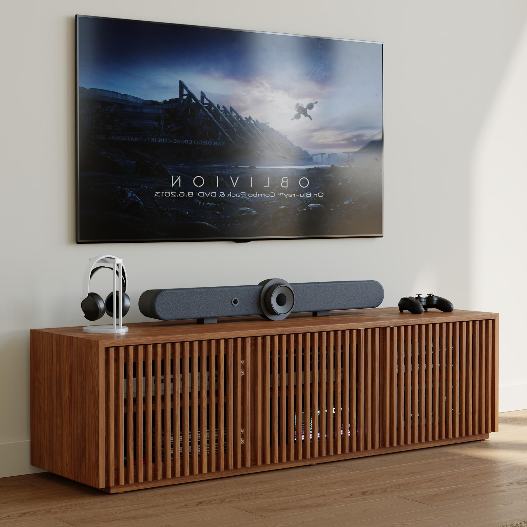 POVISON Full Assembled Mid Century Modern TV Stand, 59.06" Wood Slatted Media Console for 55 inch TV, Entertainment Center with Storage for Living Room, Low Cabinet with Removable Shelves
