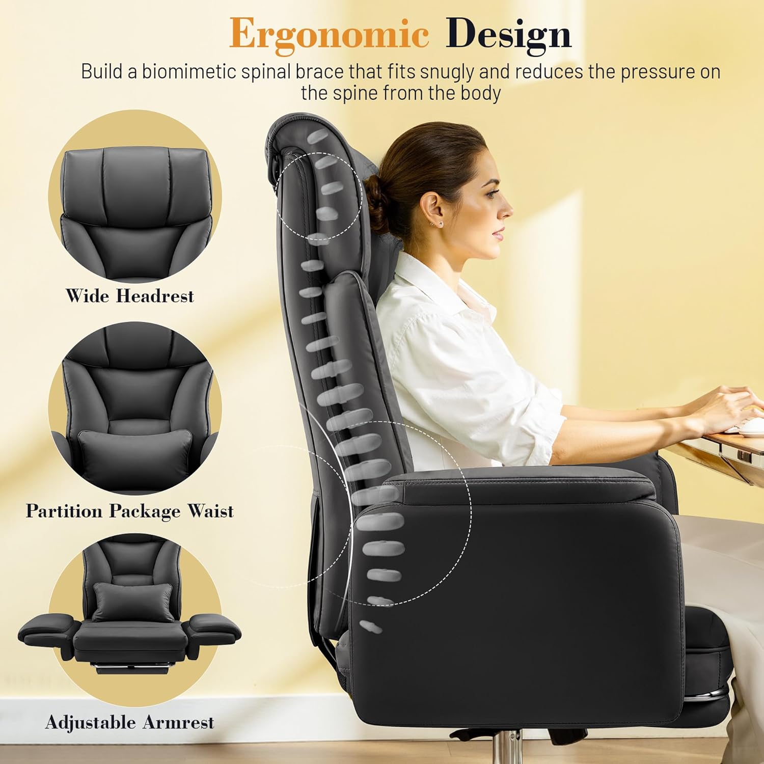 FelixKing Big and Tall Office Chair, 400LBS Wide Leather Executive Chair, Reversible Armrest for Pets Criss Cross Legged, 135° Reclining High Back Gaming Desk Chair with Lumbar Support Footrest, Black - Image 7