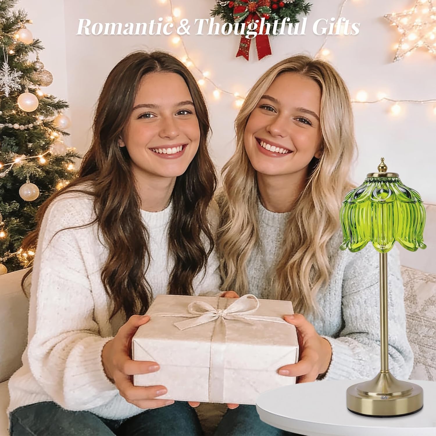 Lotus Table Lamp, Rechargeable Glass Table Lamp with 2000mAh Battery, 3 Color Dimmable Touch Lamps for Nightstand Bedroom Office, Cordless Small Night Light for Women Girl Mom (Green Lotus)