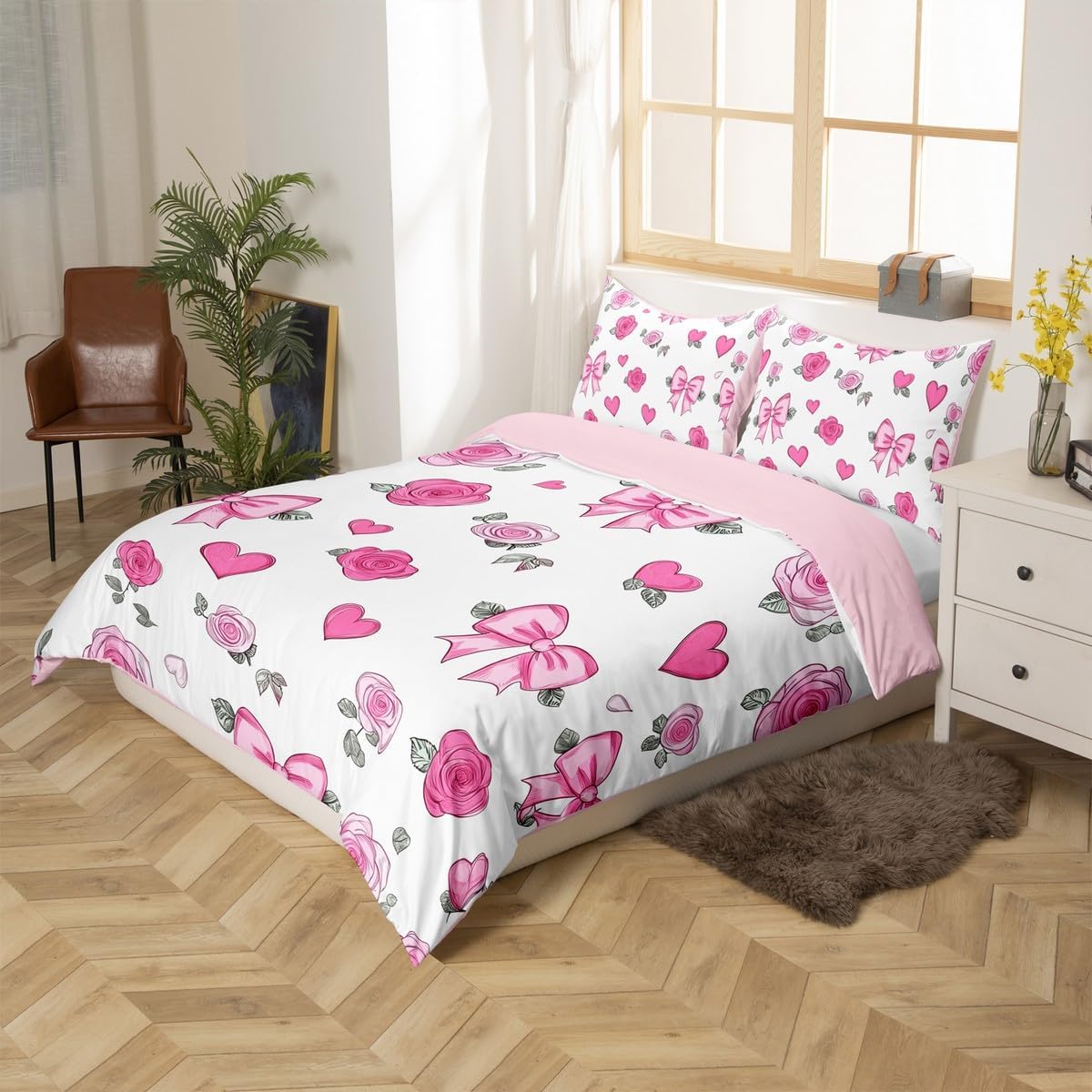 Erosebridal Bow Rose King Comforter Cover for Kids Girls Teen Women,Romantic Valentine's Day Couple Bedding Set Pink Love Heart Duvet Cover Rose Flowers Bowknot Bed Set