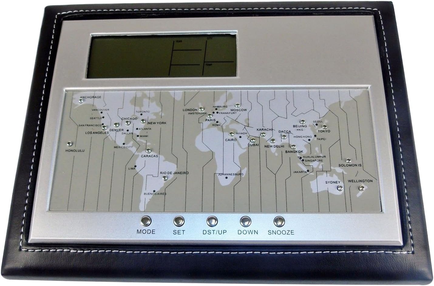 World Time Zone Desk Clock with Temp, Alarm Felted Faux