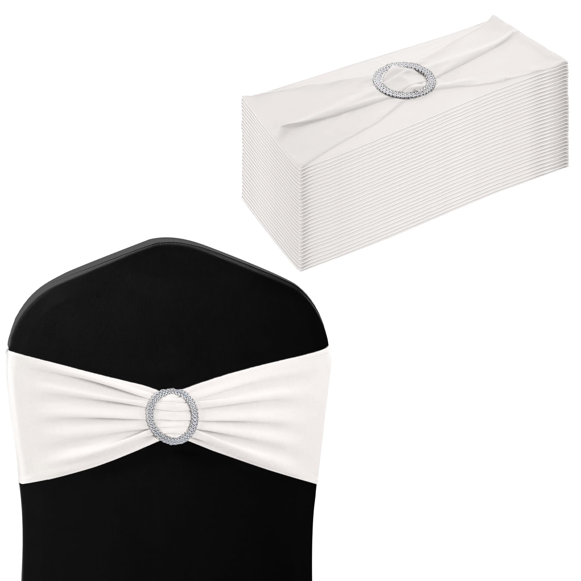 WedDecor Stretch Chair Bands Plain Spandex Band with Slider Buckle for Wedding Party Chair Decoration, Events Supplies, Formal Meeting, White, 13 x 6 Inches, 10pcs