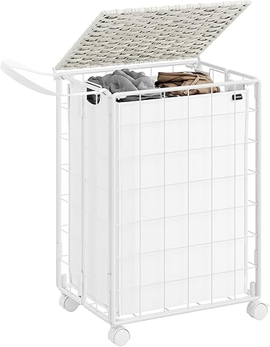 SONGMICS Cesta para la ropa sucia, cesta de lavandería de 110 litros con tapa, cesta de ropa con ruedas, bolsa plegable extraíble, clasificador de