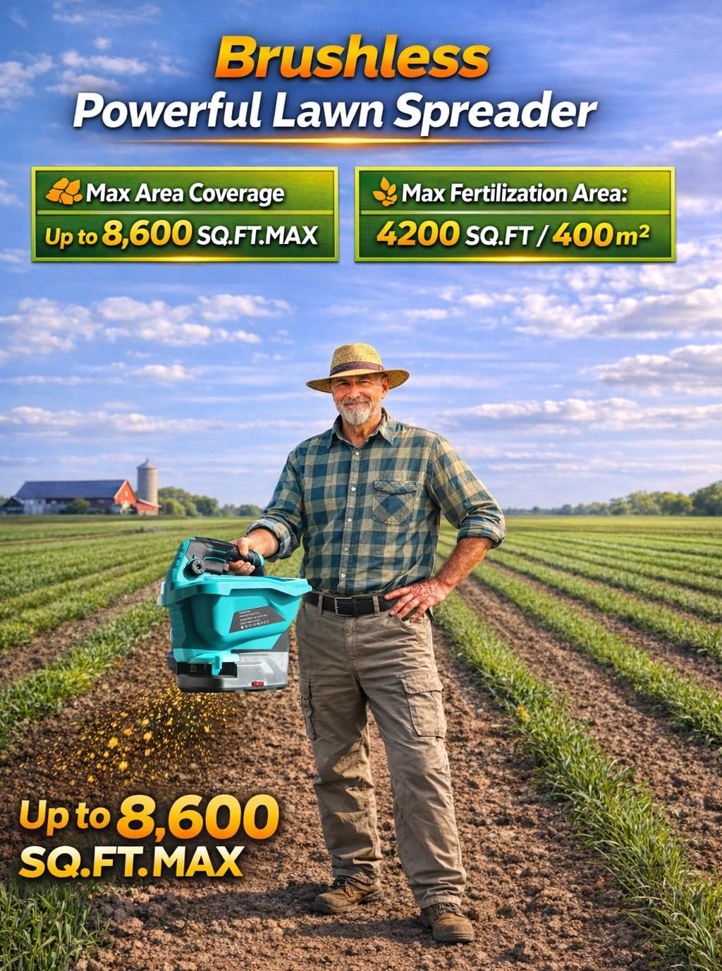 Fertilizer Spreader - 3.5Qt Electric Handheld Grass Seed Spreaders for Lawns with 21V 2x2Ah Batteries, Brushless Motor, 6 Speed & 8 Size Adjustable 125° Spread Angle, 16ft Spread Width, 8600 Sq.ft