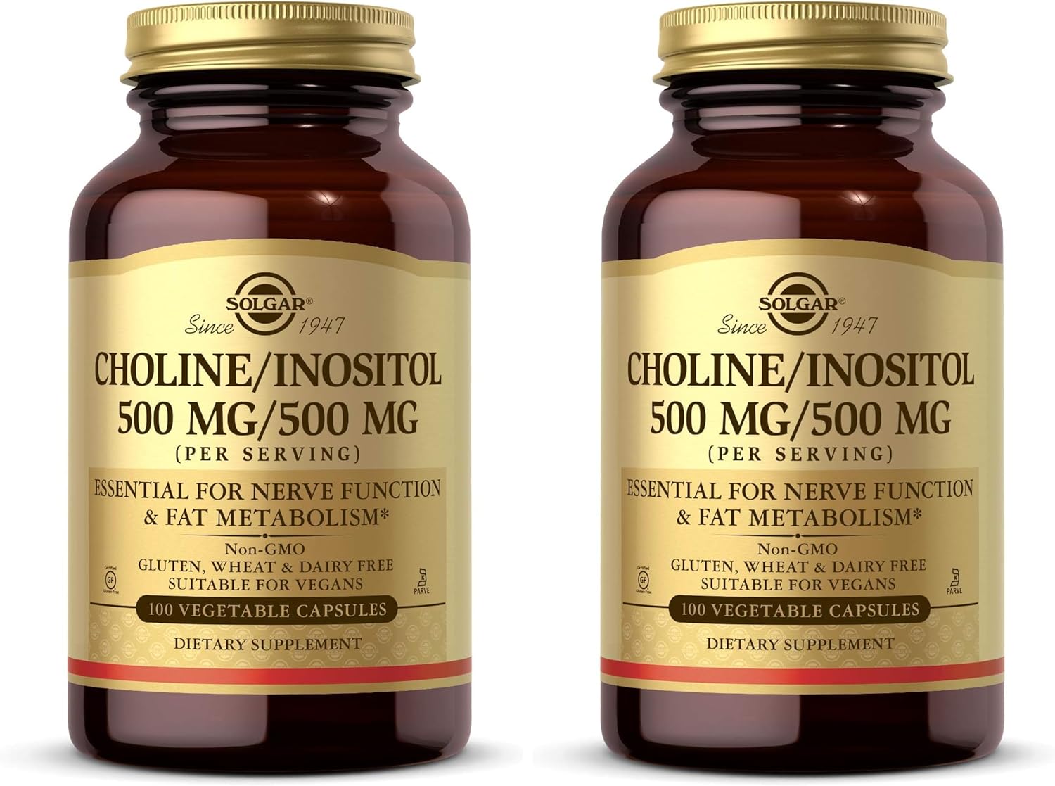 Solgar Choline/Inositol 500 mg/500 mg,100 Vegetable Capsules-Energy Metabolism,Liver Health,Essential for Brain&Nerve Function-Non-GMO,Vegan,Gluten Free,Dairy Free,Kosher-50 Servings,(Pack of 2)