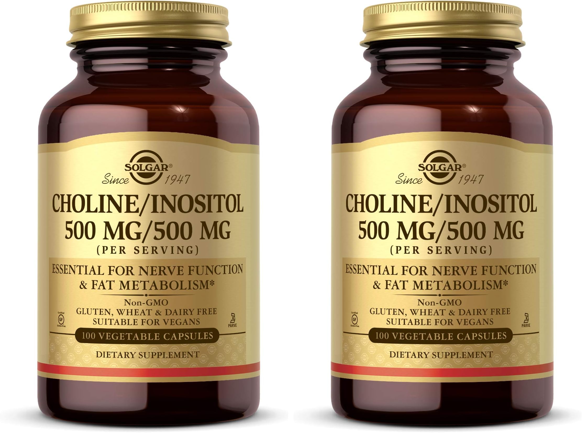 Solgar Choline/Inositol 500 mg/500 mg,100 Vegetable Capsules-Energy Metabolism,Liver Health,Essential for Brain&Nerve Function-Non-GMO,Vegan,Gluten Free,Dairy Free,Kosher-50 Servings,(Pack of 2) 100 Count (Pack of 2)