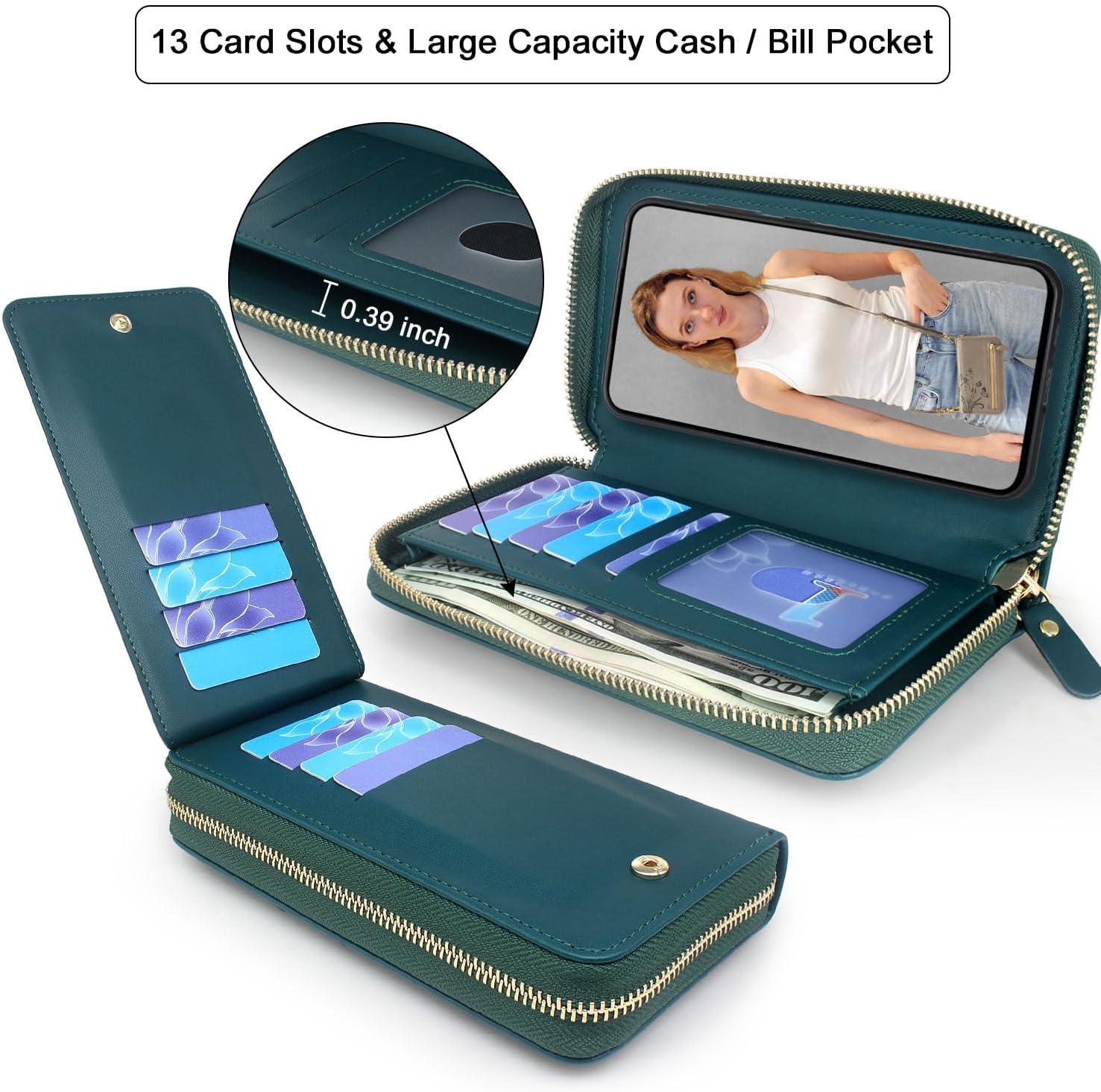 Lacass for Samsung Galaxy A16 5G Wallet Case,Crossbody Dual Zipper Detachable Magnetic Leather Wallet Case Cover Wristlets Wrist Strap 13 Card Slots Money Pocket(Floral Cyan Green)
