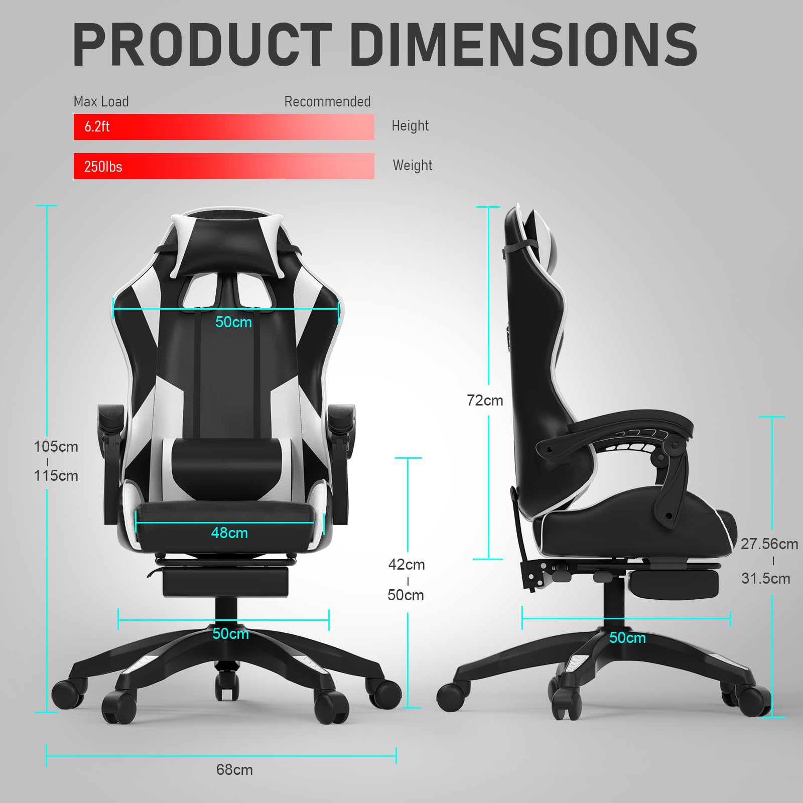 Chaise Gaming Ergonomique,Fauteuil avec Repose-piedsrétractable et Appui-tête,Réglable Siege - Noir et Blanc