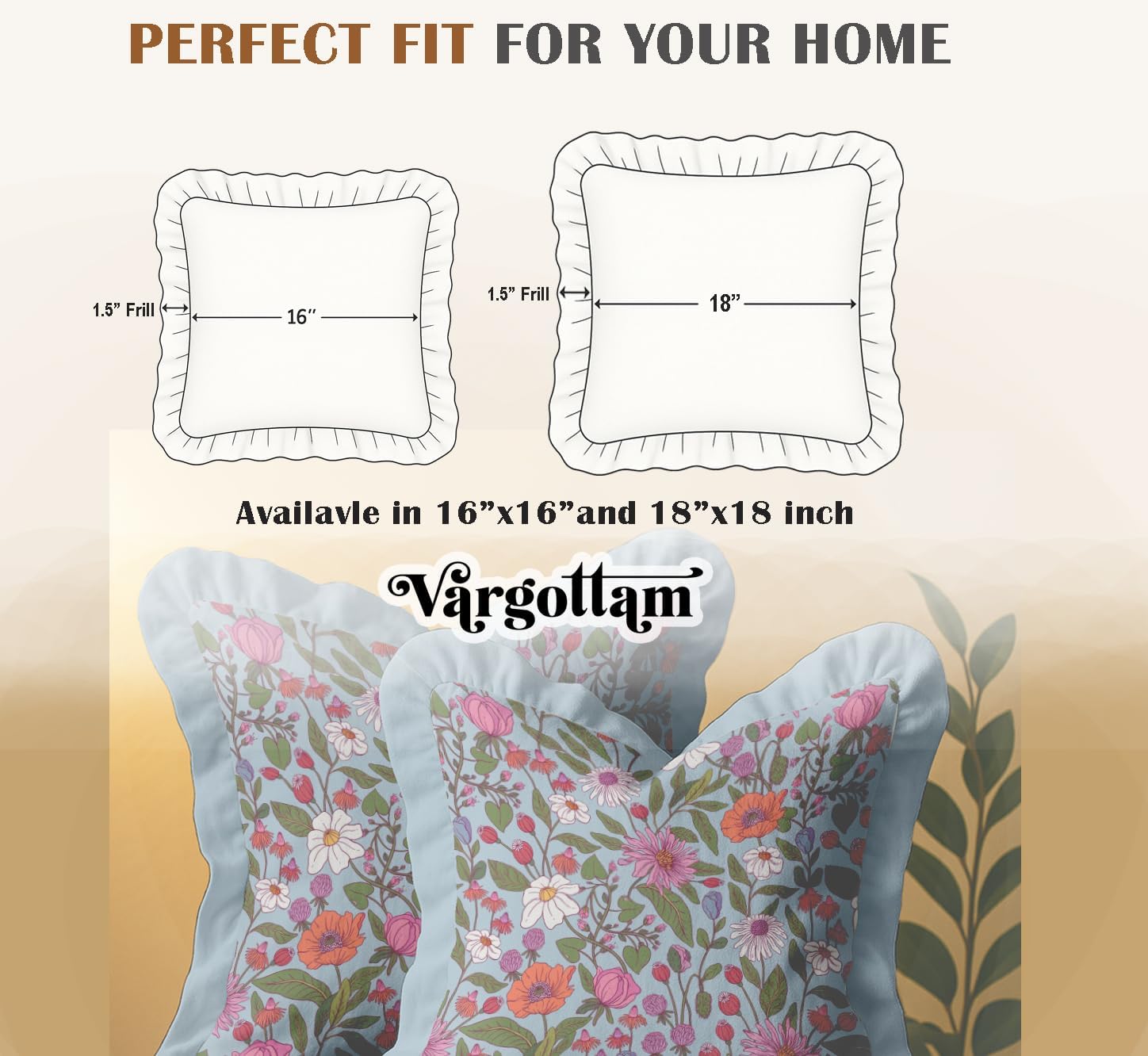Floral Print, Decorative Cushion Covers 16x16-100% Cotton Twill Set of 2 with Ruffle Edges, Farmhouse Print, Concealed Zipper Closure, No Fillers