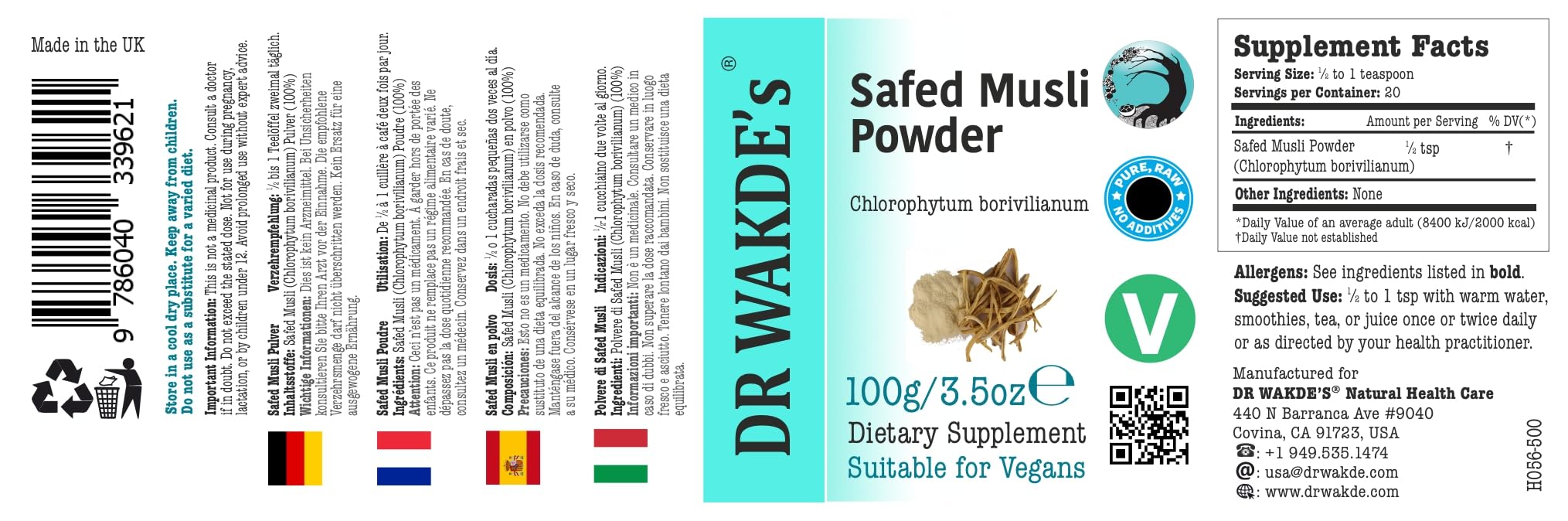 DR WAKDE'S Safed Musli Pulver (Chlorophytum borivilianum) - 500 g (1.1lb) | Rein, Raw & Getrocknetes Pulver | Ayurveda-Kräuter | Vegan | Nichts hinzugefügt, nichts entfernt | Am selben Tag Versand