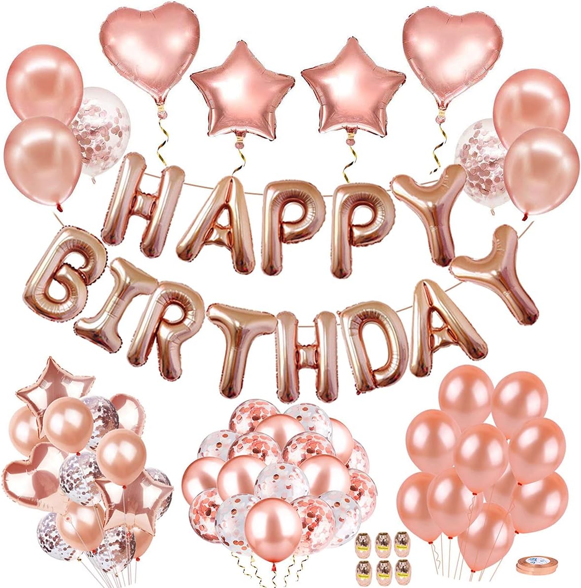 AIBEE 56pcs Party Decorations, Rose Gold Happy Birthday Balloons Banner, Fringe Curtain Foil Tablecloth Heart Star Foil Confetti Balloons