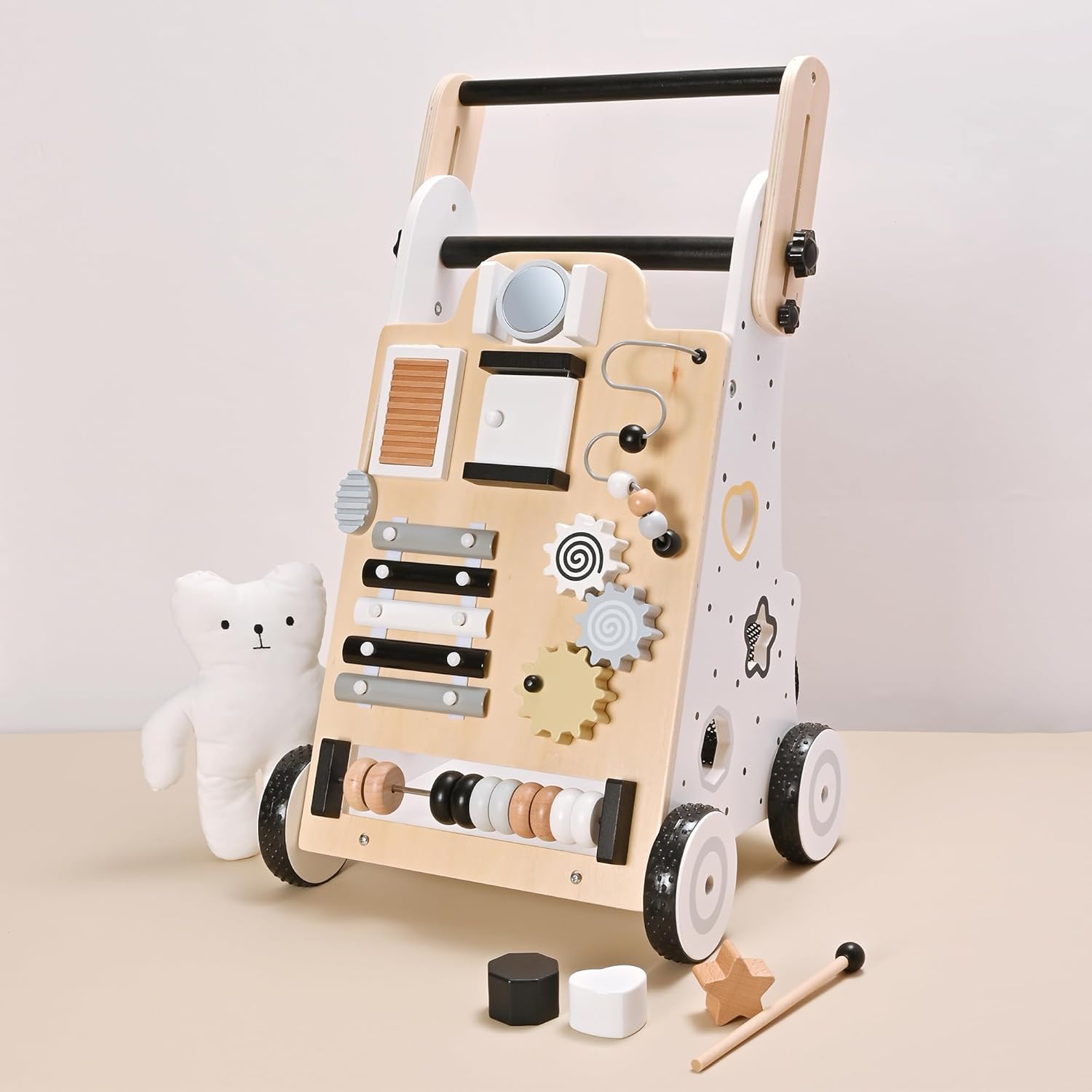 MARKVILLE Wooden Baby Walker with Wheels, Adjustable Baby