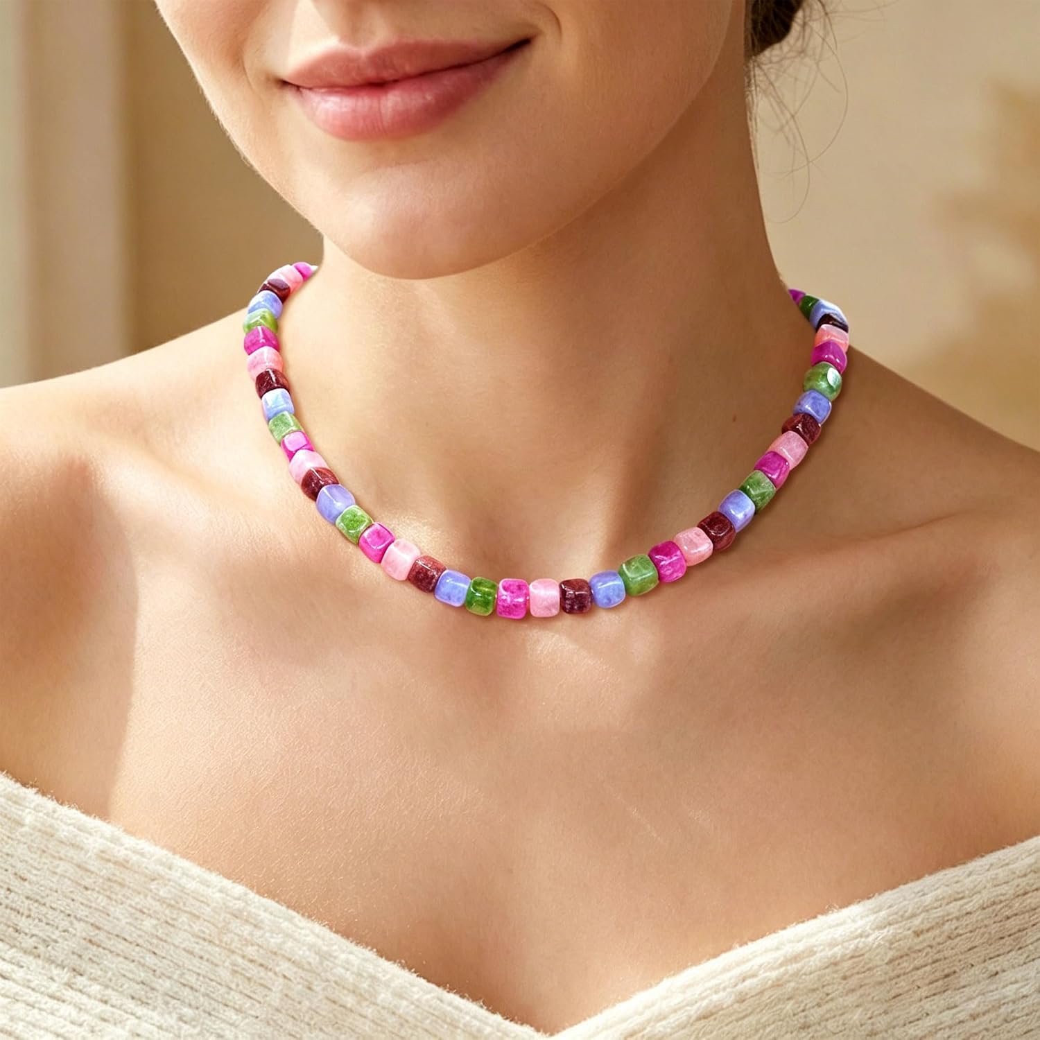 GLITTO Colorful Natural Stone Beaded Necklace for Women, Boho Cube Gemstone Choker Necklace, Handmade Square Bead Summer Beach Vacation Jewelry Gift