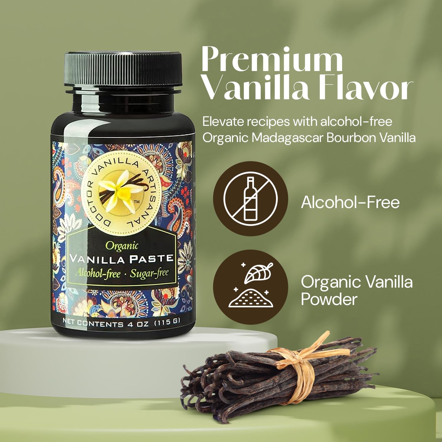 Organic Vanilla Alcohol‑Free Paste, 4 fl oz - Madagascar Bourbon vanilla, 100% natural, sugar‑free, GMO‑free, gluten‑free, vegan, paleo, keto, kosher, and halal