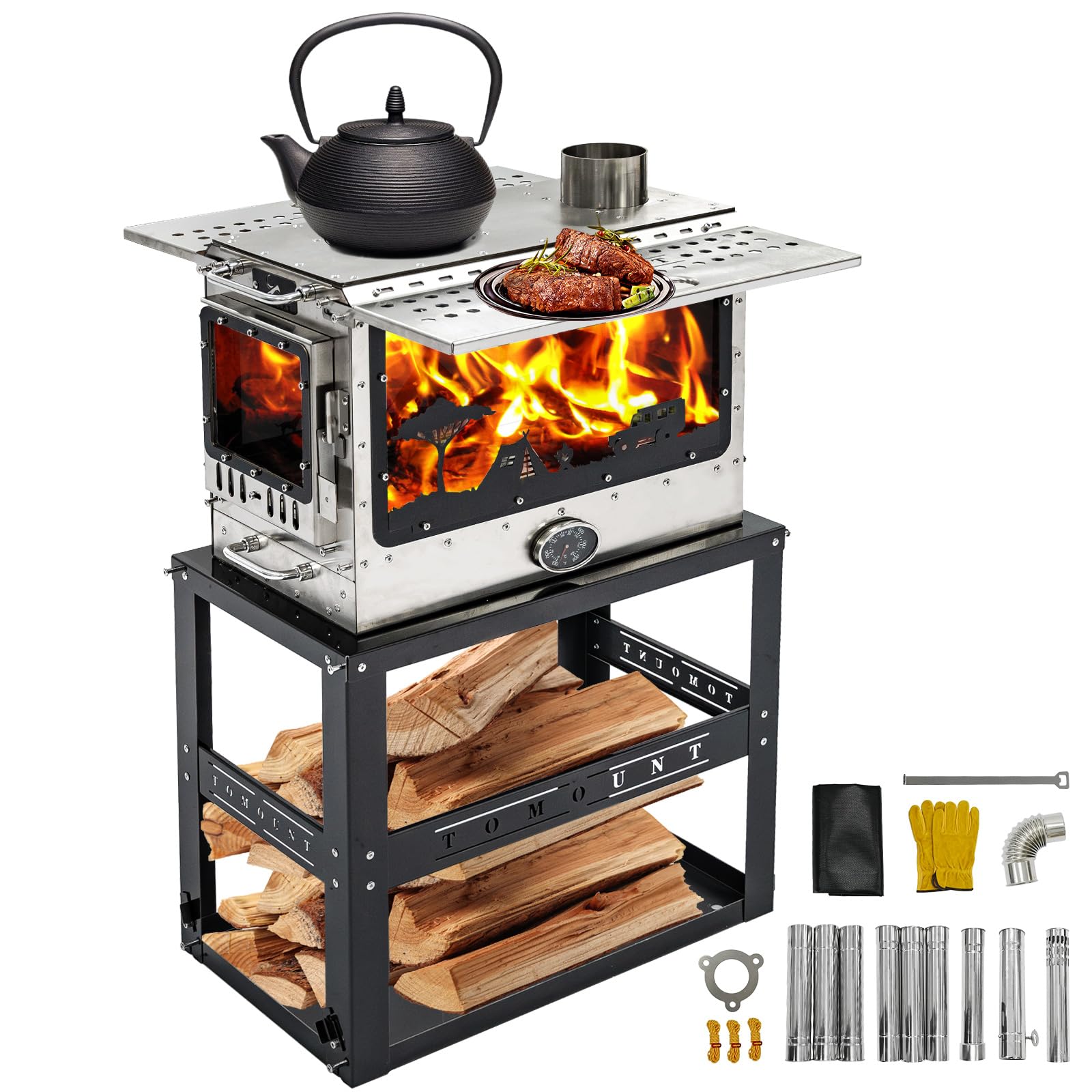 MC TOMOUNT Camping Tent Stove, Ultra-large Capacity Family Wood Burning Stove, Stainless Steel Hot Tent Stove with Stove Frame Base, Portable Wood Stove for 10-30m² Inflatable Tent Bell Canvas Tent