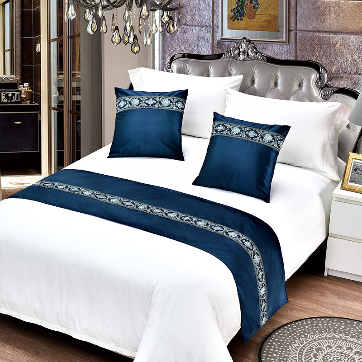 Qfwmcw Navy Blue Bed Runner Scarf Bedspreads & Coverlets Hotel Bedding With Matching Cushions Decorations For Cover Single Double Super King Size Home Bedroom, 50X240cm 180Cm