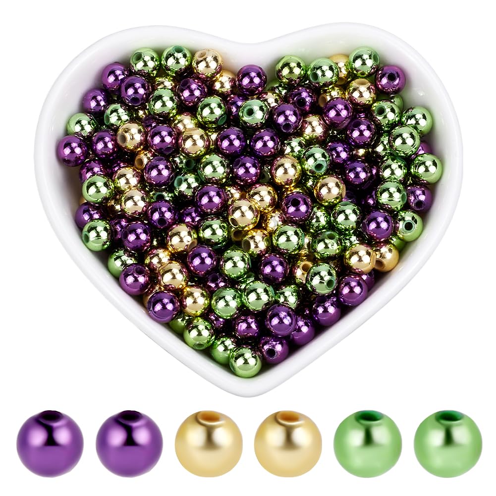 SOFPLATE 1 Box 1500Pcs 3 Styles Carnival Beads Mardi Gras Beads Bulk Purple Green Gold Plastic Metallic Ball Loose Masquerade Parties Round Spacer Beads for Jewelry Making Necklace Bracelet Crafts