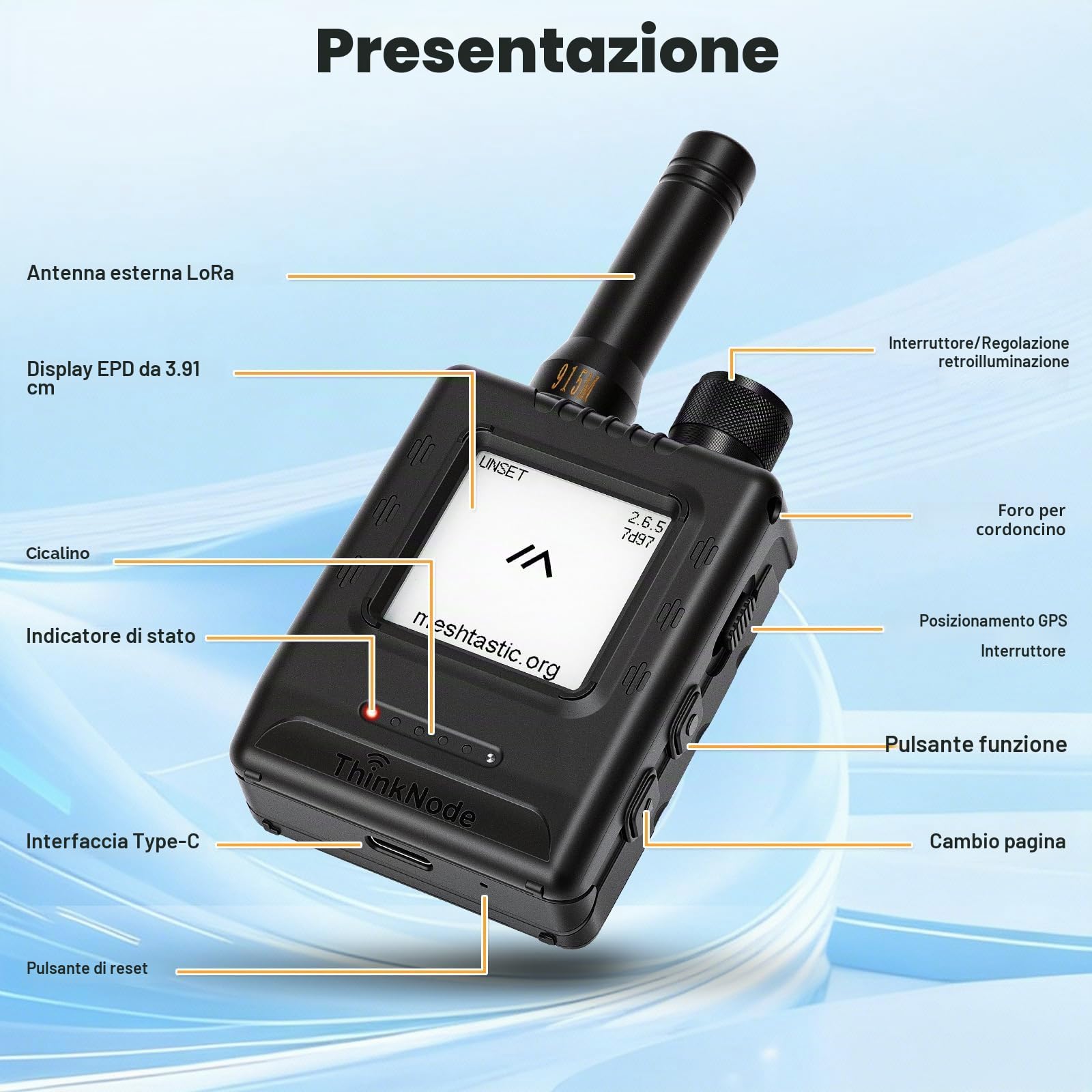 ThinkNode - Dispositivo M1 LoRa Meshtastic con design integrato, GPS, Bluetooth, nRF52840, display e-ink da 1,54", antenna 868 MHz, batteria da 1200 mAh, porta USB C RTC e pulsante