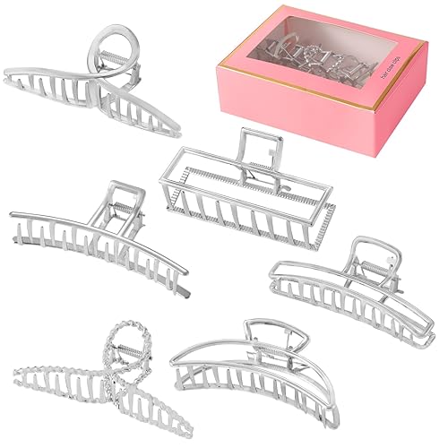 LUKACY 6 Pack Large Metal Hair Claw Clips - 4 Inch, Perfect Big silver claw clips hair clips for Women and Thinner, Thick hair styling,Strong Hold, Fashion Hair Accessories (Style 1 Silver) - Style 1 Silver