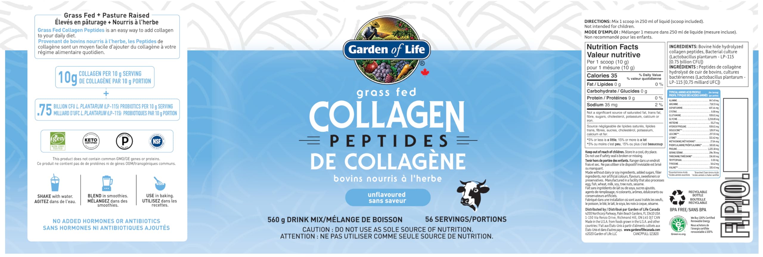 Garden Of Life Grass Fed Collagen Peptides - Unflavoured 560g