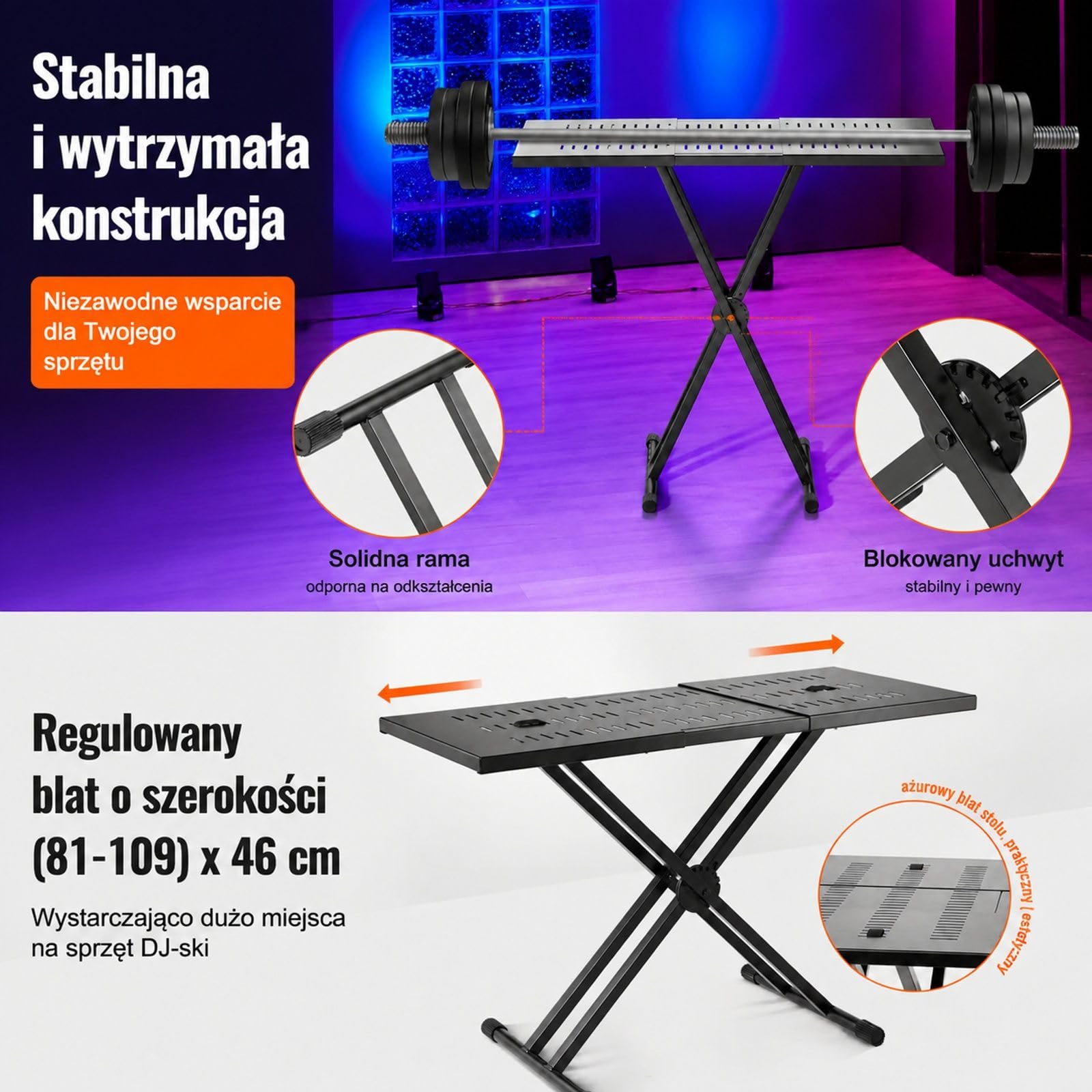 Regulowany stojak DJ na stół z podwójnym stelażem X, składany, stalowa konstrukcja i szeroki blat do laptopa, kontrolera oraz miksera audio